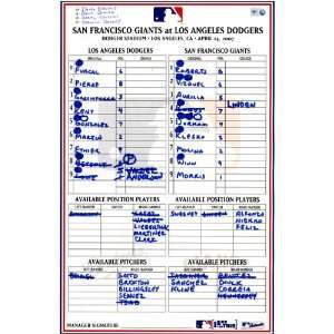  Game Used Lineup Card 4 24 2007 Giants at Dodgers Sports 