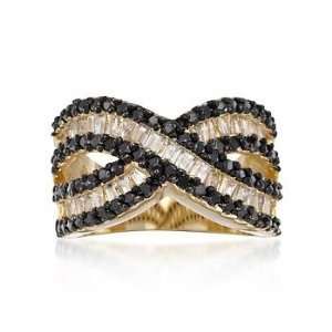   Black, White CZ Crisscross Ring In 14kt Gold Over Silver: Jewelry
