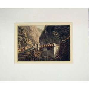  1850 Hand Coloured Print View Mountain Bridge Cliffs