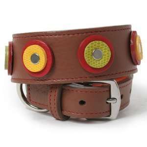  Green and Yellow on Brown Leather Dog Collar 20 : Pet 