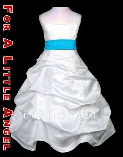 WHITE SATIN PICKUP FLOWER GIRL DRESS w AQUA SASH size 8  