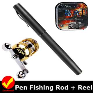 Cool Mini Pocket Pen Black Fishing Rod + Mini Reel + Nylon Line Gift 