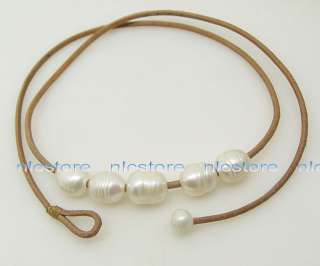 Genuine big white pearls & leather necklace  