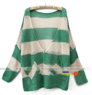   Batwing Hollow Out Stripe Loose Coat Jacket Knitwear Sweater #082