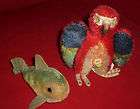   RARE STEIFF LORA AND FLOSSY LOT MOHAIR W TAG PARROT AND FISH AIRBRUSH