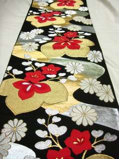 Japanese! VINTAGE FUKURO OBI Flower Black/Gold mN10112  