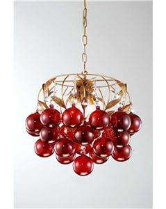 LIGHT RED GLASS AND GOLD CEILING PENDANT CHANDELIER LIGHT FIXTURE 