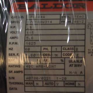 BALDOR MOTOR YPC344A 1/2 HP 1625 RPM 1 PH 115 VOLT◢◤  
