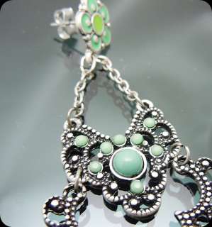 Vintage Silver tone Green Flower Chandelier Earrings 4  