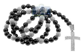 Stainless Steel Black Bead Crystal CZ Mens Rosary Chain Necklace 22 