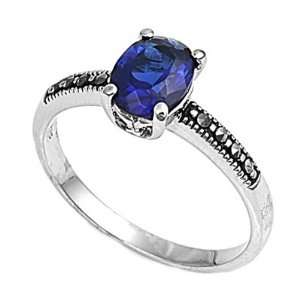  Sterling Silver Marcasite Rings with Blue Sapphire CZ 