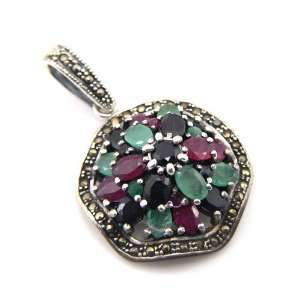   Ruby Emerald Sapphire Marcasite 925 Sterling Silver Huge Pendant