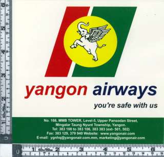 YANGON AIRWAYS MYANMAR AGENTS AIRLINE STICKER ~V RARE~  
