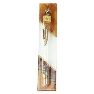 Glass Mezuzah with Fall Leaves and Gold Chain, Shin, Hamsa and Star of 