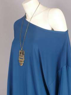 Blue Oversized Kimono Sleeve Top Tunic w/Necklace L  