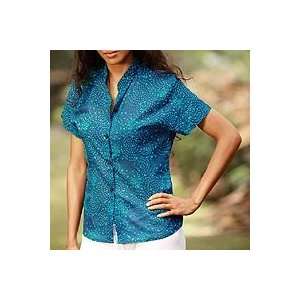  NOVICA Cotton batik blouse, Blue Starlight