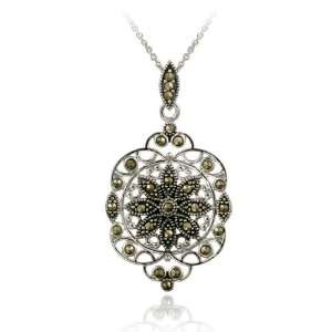    Sterling Silver Marcasite Filigree Medallion Necklace Jewelry