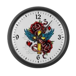   Large Wall Clock Roses Cross Hearts And Angel Wings 