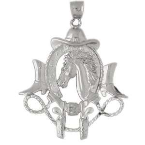 Clevereves 14K White Gold Pendant Two Tone Cowboy Hat, Horse Shoe 