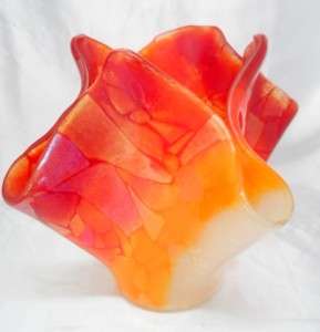 NEW Fused Glass Fire Red Orange Cream Vase Glass Confusion USA Created 