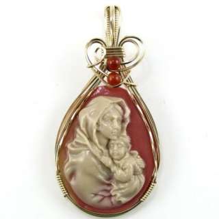 Mother Mary Baby Jesus Cameo Pendant Necklace 14K Rolled Gold  