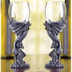  Set of 2 Gothic Medieval Dragon Goblet Fantasy Glasses 