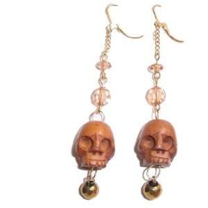 Wood Earrings 01 Skull Pink Swarovski Crystal Head Bead Gold Chain 3