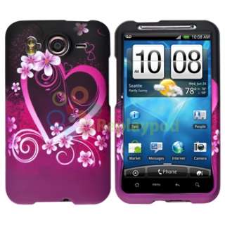 Purple Flower Heart Rubber Hard Case+Privacy LCD+Car Charger For HTC 