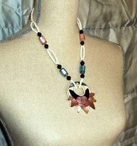   Iridescent Abalone+Glass+Faux Ivory PLASTIC Necklace Costume Jewelry