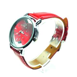 Red Heart Pattern Quartz Leather Watch with Diamonds and Strips for 