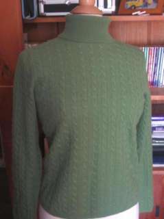 Womens WENDY B 100% Cashmere Pea Green Cable Knit Turtleneck Sweater 