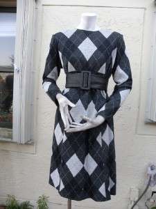 JACQUES FATH GORGEOUS VINTAGE ARGYLE SHIMMER WOOL DRESS WITH PLEATED 