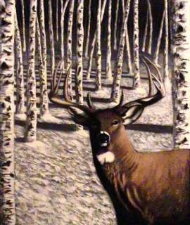 Original Acrylic Painting Buck Deer Winter Birch Trees  
