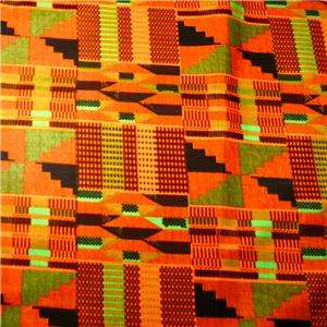 African Kente Cloth, Wax Dyed Cotton Fabric; Gorgeous Orange, Green 