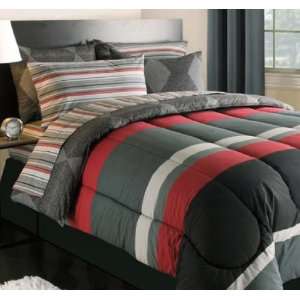  Black, Gray & Red Striped Boys Twin Comforter Set (5 Piece 
