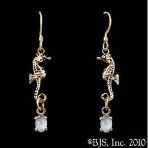  Seahorse Earrings with Gem, 14k Yellow Gold, Moonstone set 