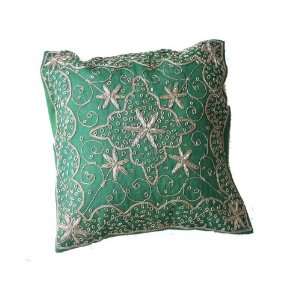  Green Zari Embroidered Decorative Throw Pillow Cover: Home 