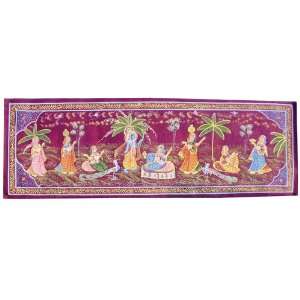   Silk Hand Painted Folk Painting   God Of Love With Gopis / Milk Maids
