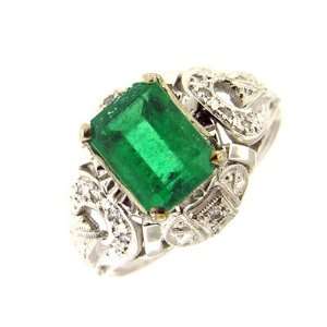    2.05 ct White Gold Antique Emerald & Diamond Ring 14 kt: Jewelry