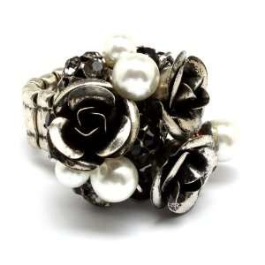 com Gothic Rockabilly Silver Rose, Pearl and Crystal Chunky Victorian 