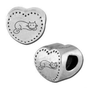  9mm Heart Shape with Cat Large Hole Bead   Rhodium Plated 