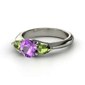  Triad Ring, Round Amethyst Sterling Silver Ring with Green 
