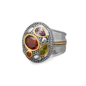 Green Purple and Red Cubic Zirconia Ring Two Tone 14K Gold and Rhodium 