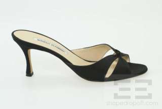 Manolo Blahnik Black Fabric Cross Strap Slide Heels Size 39.5 NEW 