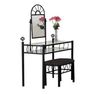  Black Metal Bedroom Vanity with Glass Table & Bench Set