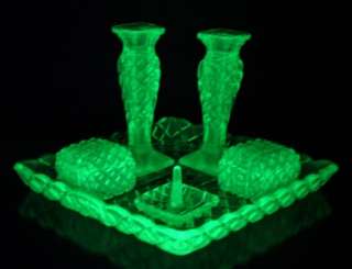 Art Deco Sowerby Green Uranium Pressed glass Diamond Point & Hobstar 