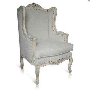   Upholstered White Distressed Nail Head Trim Wing Chair & Ottoman