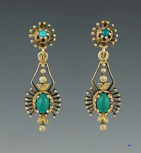 UNIQUE 14K YELLOW GOLD & TURQUOISE DANGLE EARRINGS  