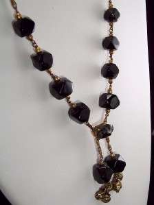   Black Onyx Handcut Beads Brass Chain Lavaliere Artisan NECKLACE  