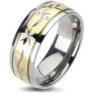   Titanium Two Tone Gold IP Laser Engraved Star Flora Band Ring Jewelry